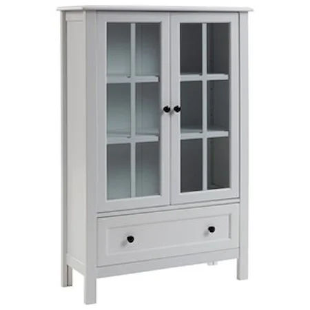 White Finish Accent Cabinet with Glass Panel Doors